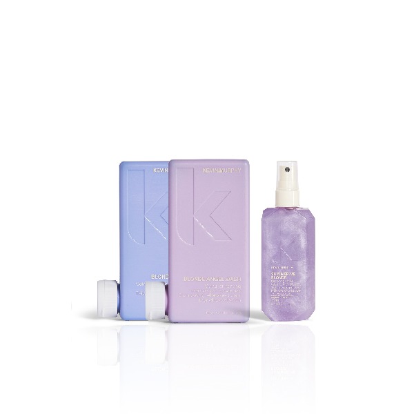 Bodegón de productos para cabellos rubios de la marca Kevin Murphy