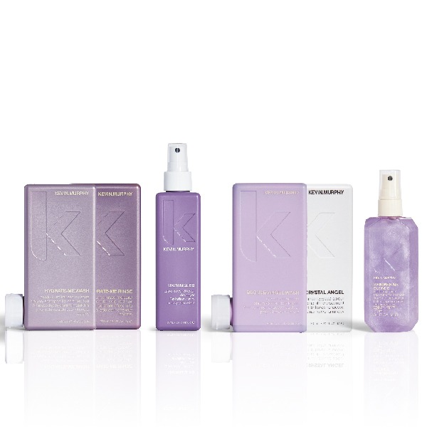 Bodegón de productos capilares Kevin Murphy agrupados en packs por necesidad capilar